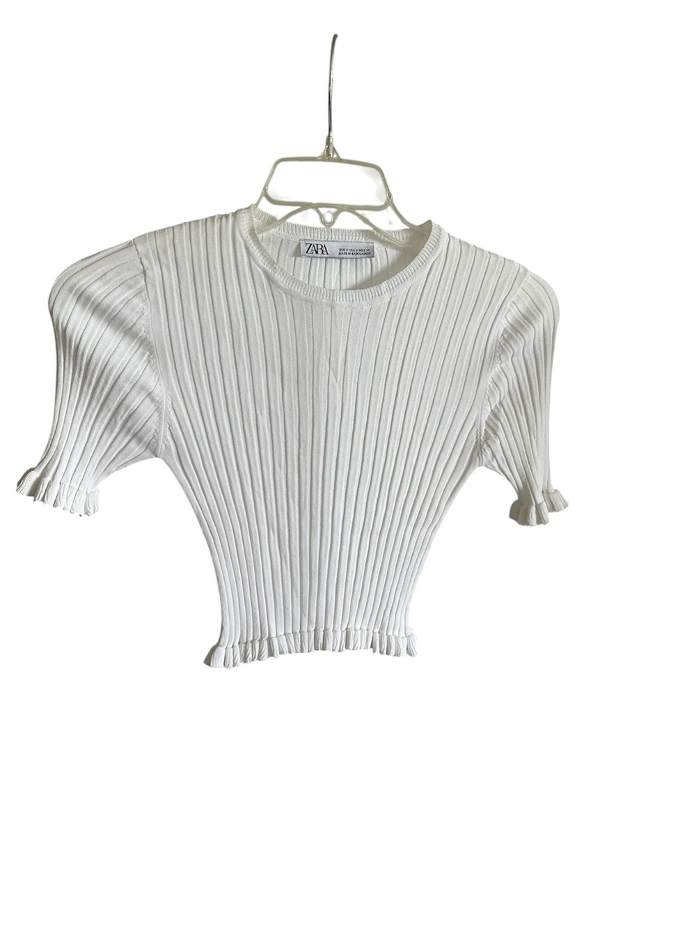 Zara White Ribbed Short Sleeve Cropped Knit Top